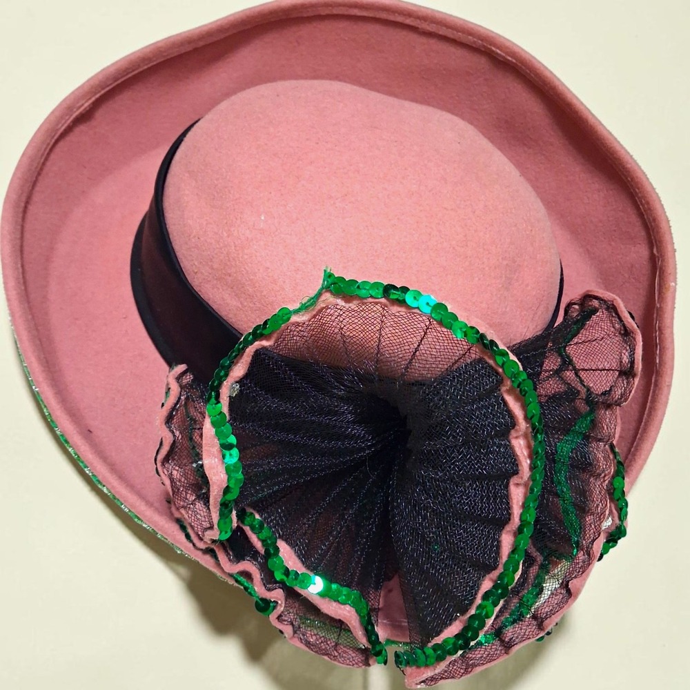 Vintage 50s 60s Sylvia Pink Wool Tilt Hat Dramatic Green Sequin Fascinator